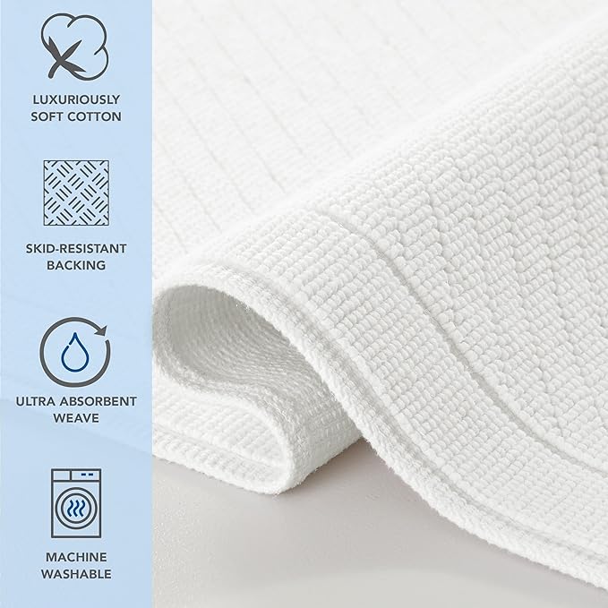 Arkwright 2 Piece 100% Cotton Bathroom Rug Set - High Absorbent Stylish Textured Woven Design Bath Mat, Slip Resistant Backing for Shower and Bathtub Floor, 17x24 & 20x32 in - White