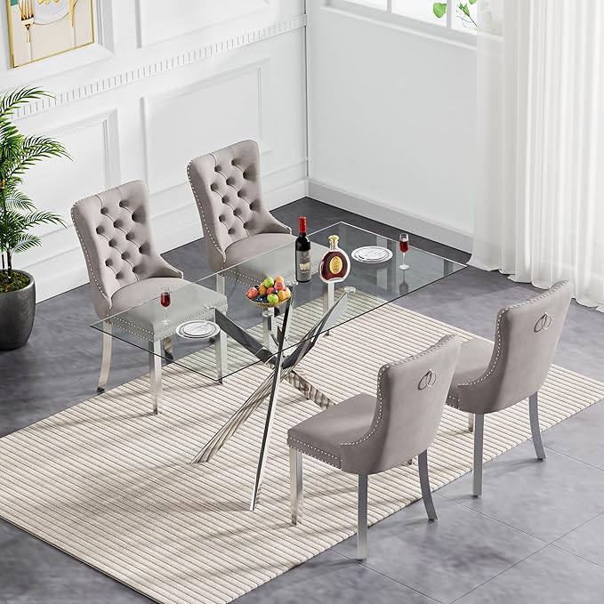 Goujxcy Glass Dining Table Set for 4, Modern Kitchen Table and Chairs Set of 4, 5-Piece Kitchen Dining Room Table Set w/51 Glass Metal Dining Table and 4 Grey Velvet Upholstered Chairs
