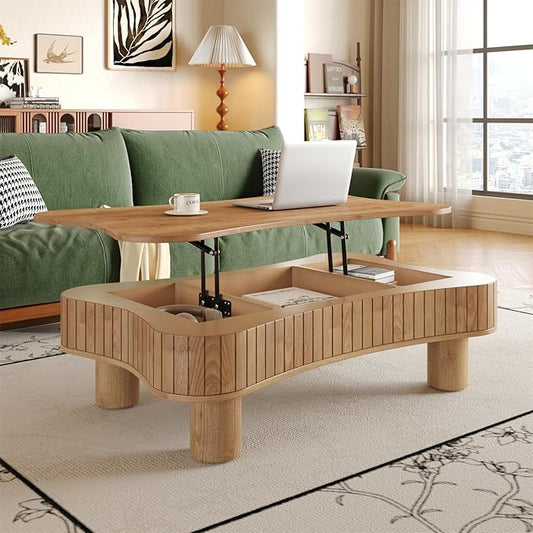 42.5'' Modern Lift Top Coffee Table for Living Room, Solid Wood Center Table, Fluted Panel Design, Storage Compartments, 42.5x27.2 Inch Surface, Hydraulic Lift Mechanism, Easy Assembly (Light Brown)