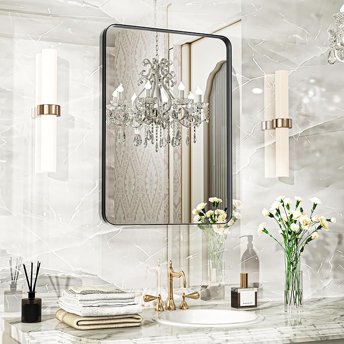 20×28 Black Bathroom Mirror, Rectangular Bathroom Vanity Mirror for Wall with Rounded Corners & Aluminum Alloy Frame, Tempered-Glass, Modern, Farmhouse, Horizontal/Vertical, Entryway, Bedroom