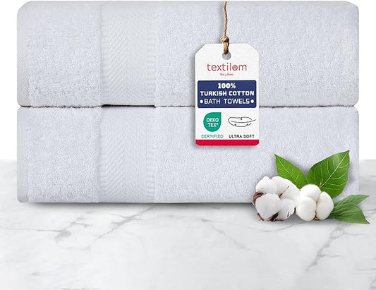 TEXTILOM 100% Turkish Cotton 2 Pcs Bath Towel Set, Luxury Bath Towels for Bathroom, Soft & Absorbent Hotel Quality Bathroom Towels Set (27 x 54 inches)- White