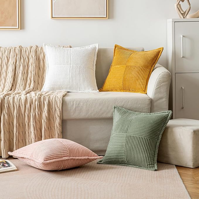 MIULEE Decorative Lumbar Throw Pillow Covers for Couch Bed Livingroom 12x20 Inch Set of 2 Light Olive Green Boho Accent Throw Pllows Broadside Striped Patchwork Soft Corduroy Summer Pillowcases