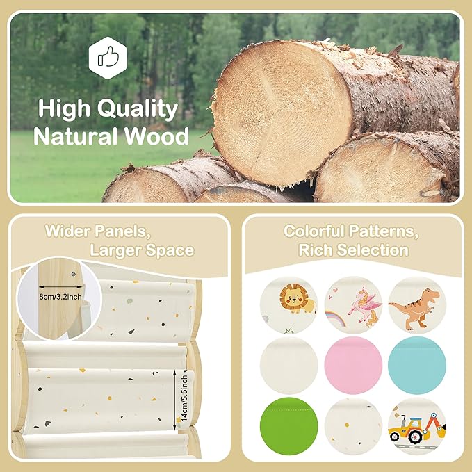 Wooden Wall Mounted Bookshelf for Kids Rooms, 4 Tier Floating Nursery Book Shelf, Kids Bookshelf with 2 Pockets, Toddler Sling Book Rack with Deep Sleeves (Terrazzo)