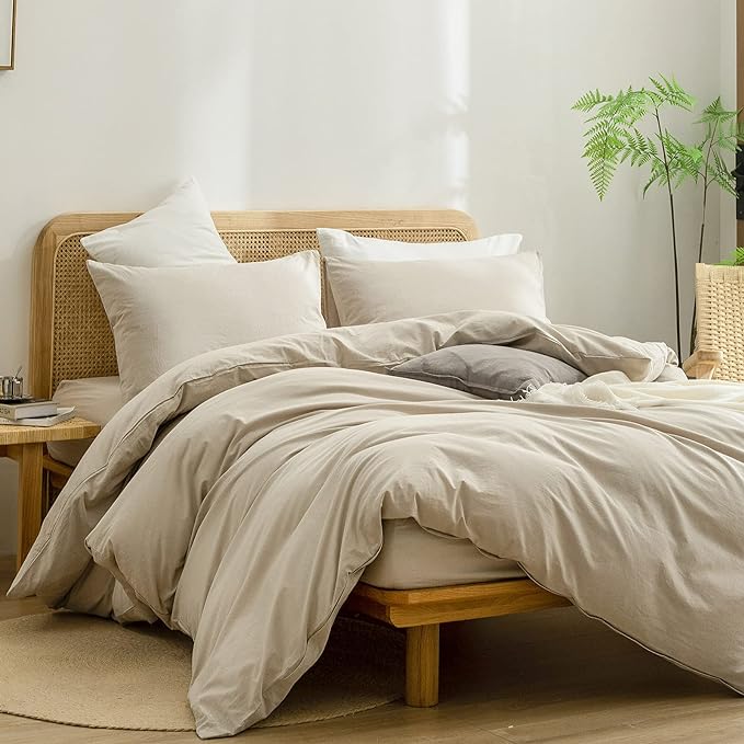 BESTOUCH Duvet Cover Set 100% Washed Cotton Linen Feel Super Soft Comfortable Chic Lightweight 3 PCs Home Bedding Set Solid Almond Milk Grey Super Queen