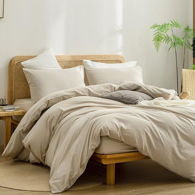 BESTOUCH Duvet Cover Set 100% Washed Cotton Linen Feel Super Soft Comfortable Chic Lightweight 3 PCs Home Bedding Set Solid Almond Milk Grey Cal King