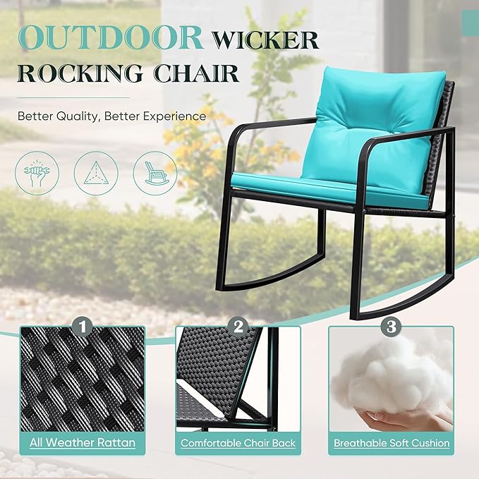 Greesum 3 Pieces Rocking Wicker Bistro Set, Patio Outdoor Furniture Conversation Sets with Porch Chairs and Glass Coffee Table, Blue