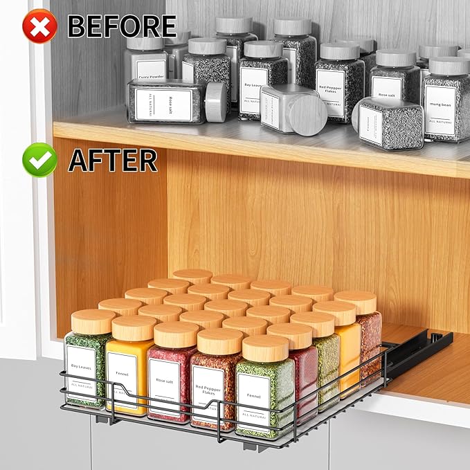 RCHYFEED Pull Out Spice Rack Organizer for Cabinet,Slide out Spice Organization for Inside Cabinets,Heavy Duty Seasoning Organizer Fits Kitchen and Pantry,Sauces,Canned (10.5''Wx10.5''Dx2.5''H)