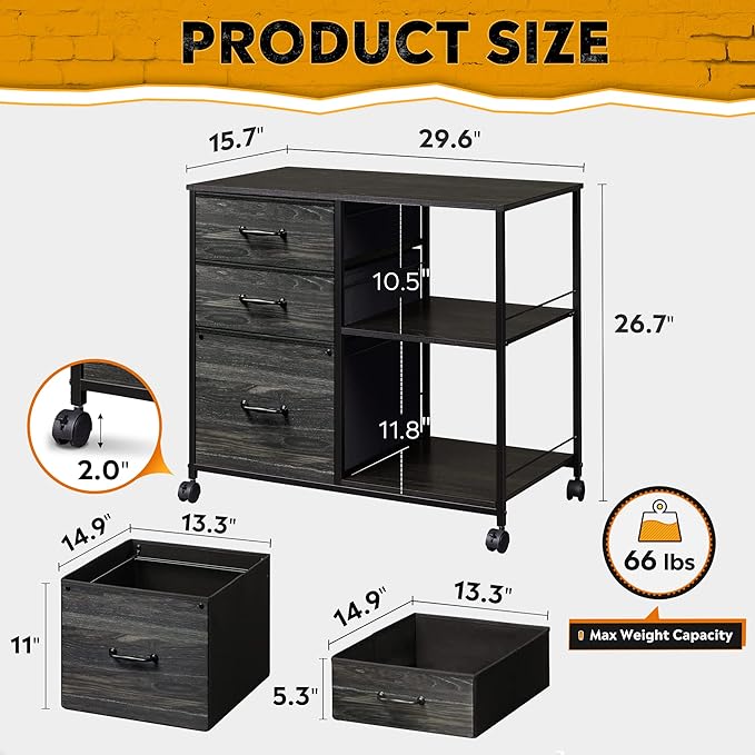DEVAISE 3 Drawer Mobile File Cabinet, Rolling Printer Stand with Open Storage Shelf, Fabric Lateral Filing Cabinet fits A4 or Letter Size for Home Office, Charcoal Black Wood Grain Print