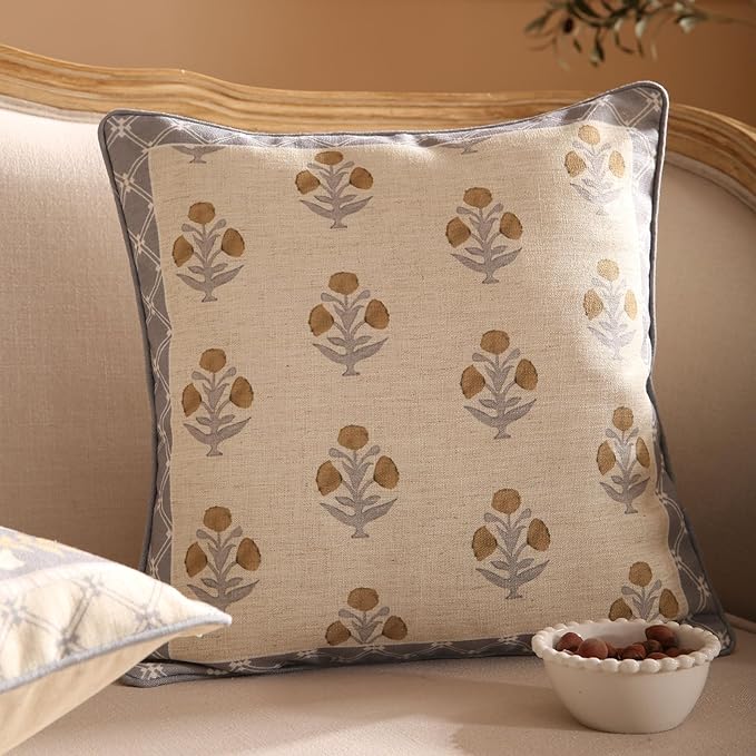 patdrea Designer Square Throw Pillow Covers Set of 2,Rustic Linen with Elegant Grey Blue Floral Pattern Pillows Cover,Decorative Pillowcases Cushion for Bed Living Room Outdoor Car,18 x18 Inches