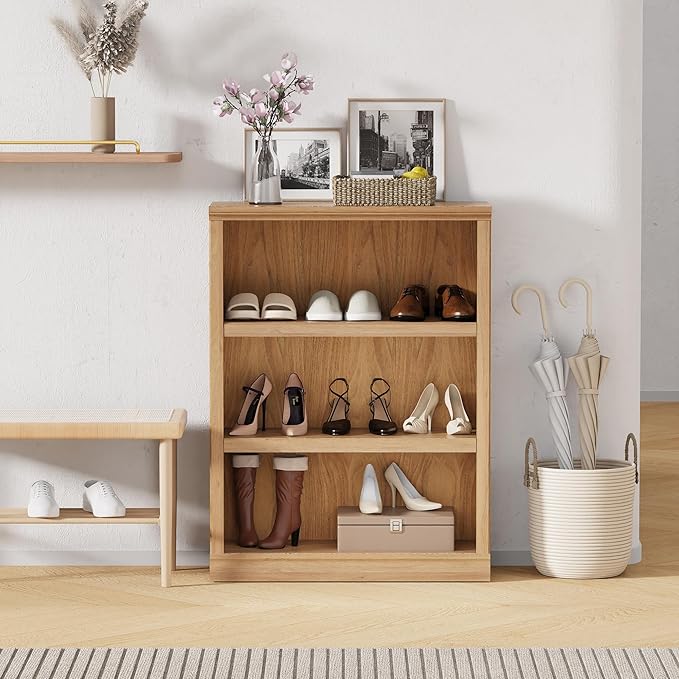 blini 3-Shelf Bookcase Wooden Bookshelves 33in Wide Floor Standing Display Storage Shelves Oak Bookcase for Home Office, Living Room, Bed Room