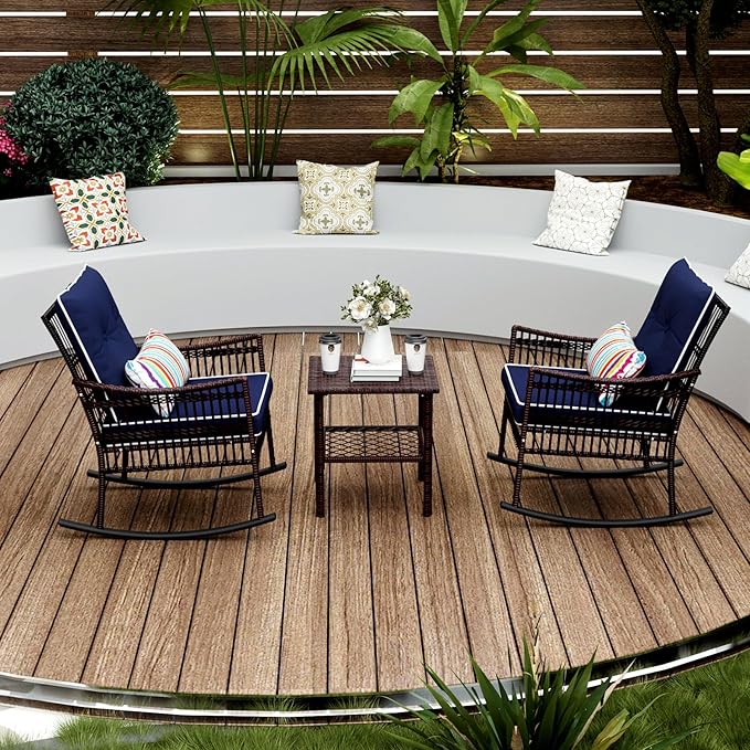 3 Pieces Patio Furniture Set, Outdoor Rocking Chairs Set of 2, Wicker Cushioned Patio Rocker with Side Table for Porch, Garden, Poolside & Deck, Blue