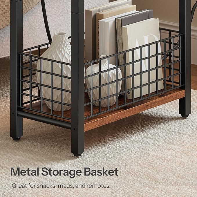 HOOBRO Narrow Side Table with Charging Station and LED Light, Set of 2, Small End Table with Storage, Skinny Nightstand Slim Bedside Table for Small Spaces, Living Room, Rustic Brown BF242UDBZP201