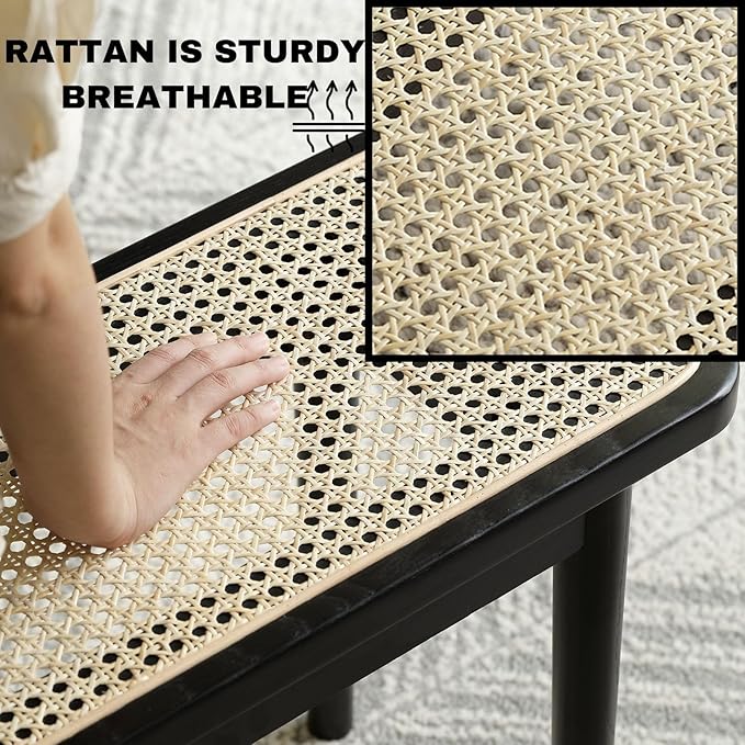 39.4'' Natural Rattan Dining Bench with 100% Solid Oak Wood Bench Frame, Bed End Shoe Ottoman for Kitchen Bedroom Entryway, Black
