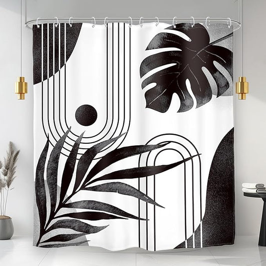 Glawry Boho Black White Shower Curtain Mid Century Abstract Tropical Palm Leaf Modern Minimalist Plant Botanical Bathroom Geometric 60Wx72L Inches Bath Accessories Art Home Decor Fabric 12 Pack Hooks