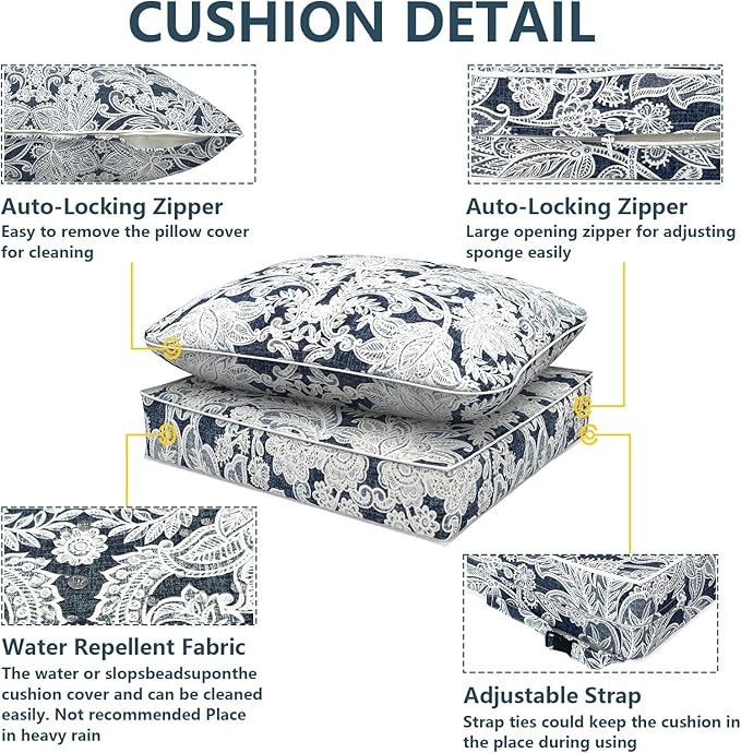 Outdoor Deep Seat Cushions Set 24 x 24 Inch for Patio Furniture,Water Resistant Chair Cushions Replacement Includes Seat Cushion & Back Pillow for Couch Sofa, Wicker Chair - Damask Lapis