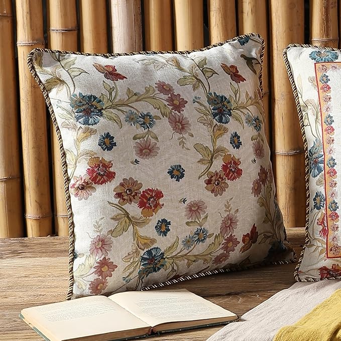 patdrea Designer Pack of 2 Square Throw Pillow Covers,Farmhouse Pink and Yellow Linen with Floral Pattern Pillows Cover,Decorative Pillowcases Cushion for Bed Living Room Outdoor Car,18"x18"