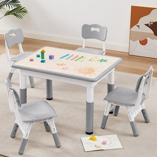 Adjustable Kids Table Chairs Set – Graffiti Desktop, Multi-Activity Height-Adjustable Toddler Study Desk for Ages 3-8 – Ideal for Home, Classroom, Daycare (W-Gray, 4 Chairs-31.5" L x 23.6" W)