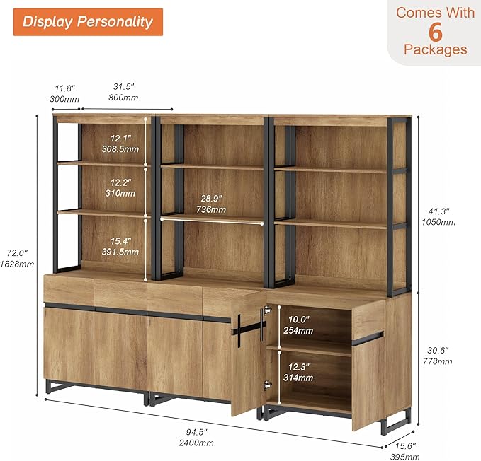 WAMPAT 3 PCS Modern 72" Tall Bookcases with Metal Base and Adjustable Shelves, Library Book Shelf with Storage Cabinet and Open Book Shelfs, Wood Bookshelves for Home Office, Living Room, Oak