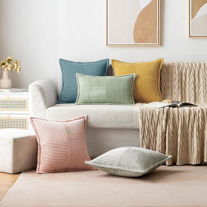 MIULEE Decorative Throw Pillow Covers for Couch Bed Livingroom 16x16 Inch Set of 2 Dusty Blue Boho Accent Throw Pllows Broadside Striped Patchwork Soft Corduroy Summer Coastal Pillowcases