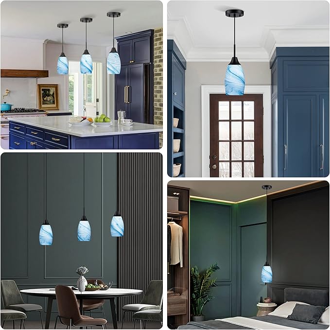 Mini Glass Pendant Light 4.72" with Handblown Blue Marble Art Glass Hanging Light 3-Pack Oval Ceiling Hanging Light Fixture for Dining Room Kitchen Island Cafe Foyer Hallway