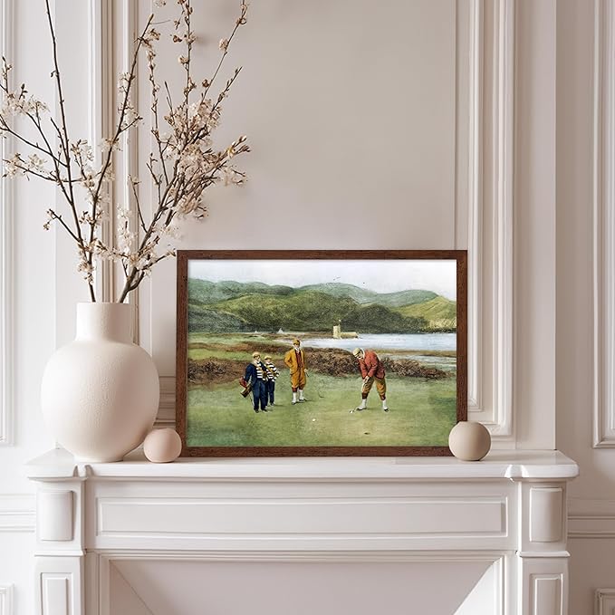 Poster Master The Putting Green Painting Poster - Golf Course Print - Golf Art - River Art - Sports Art - Landscape Art - Father's Day Art - Great Office or Living Room Decor, 11x14 Brown Framed