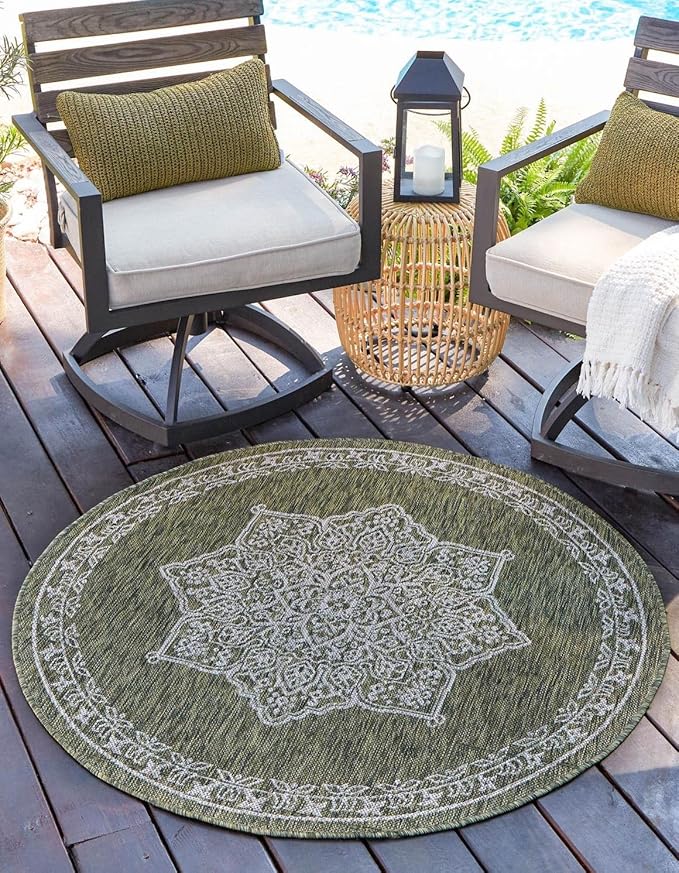 Unique Loom Outdoor Traditional Collection Area Rug - Antique (6' 1" Round Green/Ivory)