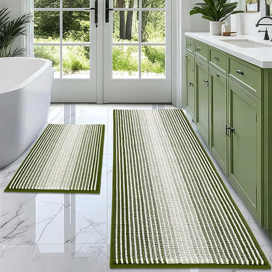 BSICPRO Bathroom Rugs and Mats Sets, 2 Piece Thick Absorbent Chenille Bath Mat Rug Set Non Slip, Soft Shaggy Bath Room Floor Mats for Bathroom, Machine Washable (Sage, 20" x 60" Plus 20" x 32")