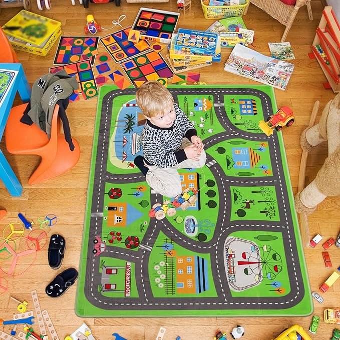 Kids Playmat Car Rug, Kids Play Rugs Town City Road Map Rug, Large Educational Car Mat, Boys Track Play Mat, Kid Rugs for Playroom Bedroom Living Room (Style 3, 59X 39.4 INCH)