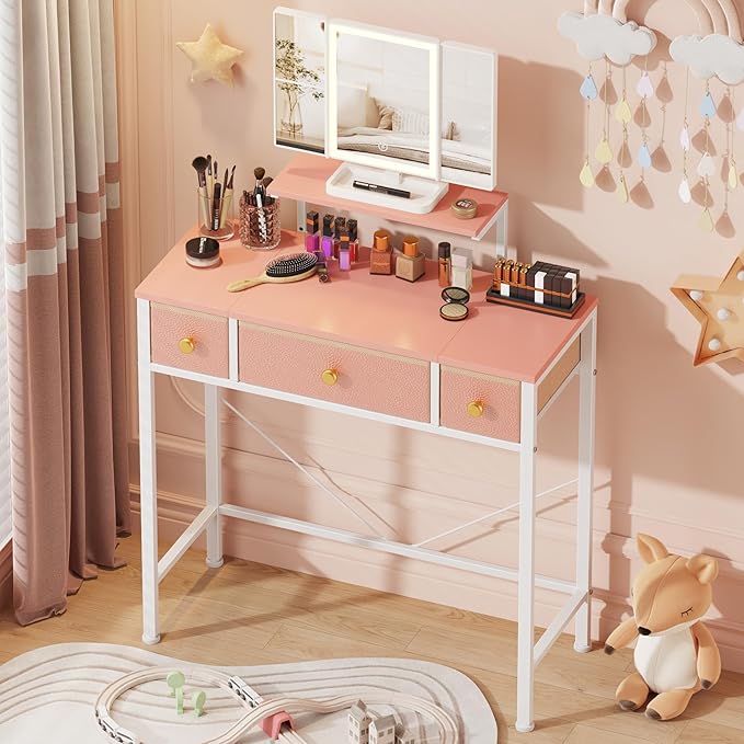 Small Makeup Vanity Desk 27.5''W with Mirror and Lights, Vanity Desk with 3 Fabric Drawers and Height-Adjustable Stand, Vanity Table for Girls Gifts, Bedroom and Small Spaces, Pink