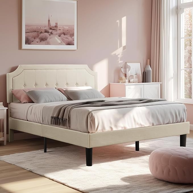 VECELO Full Upholstered Platform Bed Frame with Adjustable Button Stitched Panel Headboard,Strong Wood Slat Support,Velcro Design,Mattress Foundation/Easy Assembly,Beige