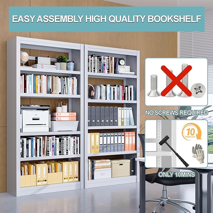 Bookcase,6-Tier Adjustable Steel Bookshelf,69" H Heavy Duty Metal Bookcase for Home/Office/Garage,Black Shelf (White, 69" Tall)