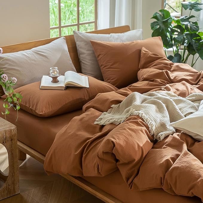 MooMee Bedding Duvet Cover Set 100% Washed Cotton Linen Like Textured Breathable Durable Soft Comfy (Solid Dark Orange, Queen 90"x90")