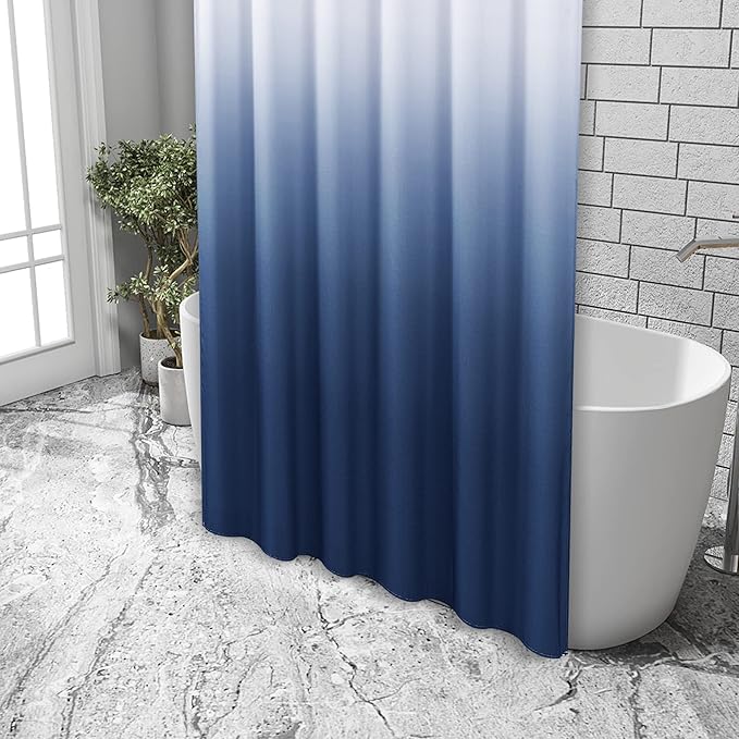 96 inch Blue Shower Curtains for Bathroom, Ombre Textured Fabric Long Shower Curtain Set with 12 Hooks, Machine Washable, Navy Indigo Blue Bathroom Decor 72 x 96 Extra Long