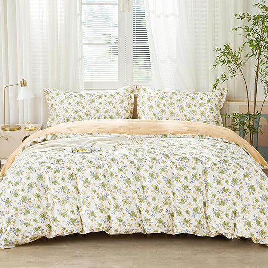SAPHREAS Green Floral Duvet Cover Set Twin 2pcs Yellow Flowers Botanical Bedding Comforter Cover Set 100% Cotton 1 Duvet Cover 68"x90" 1 Pillow Sham, Comforter Not Included