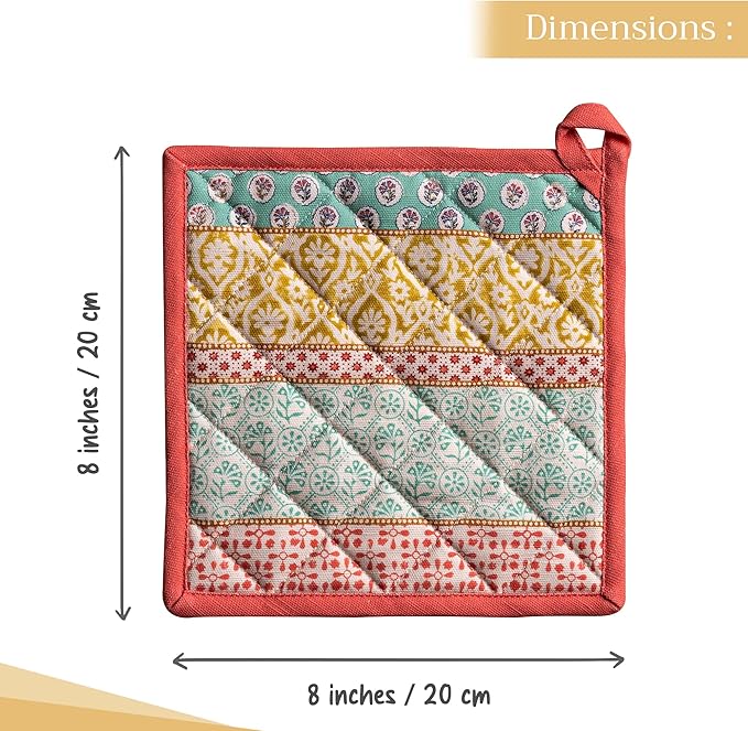 Maison d' Hermine Pot Holders 100% Cotton Heat Resistant Potholders 8" x 8" Hot Pads with Loop BBQ, Cooking, Baking, Grilling, Kitchen, Handling Hot Pans Spring/Summer (Pack of 1, Provence)