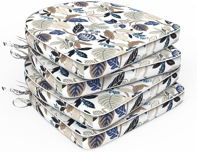 Set of 4 Outdoor Chair Cushions 19"x19"x2",Water Repellent Patio Seat Cushion with Ties and Removable Covers,Dining Chair Cushions for Indoor Kitchen and Patio Furniture,Breeze Leaves Beige