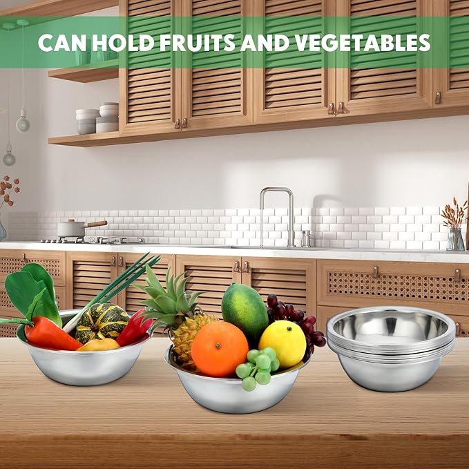 Pinkunn Set of 12 Stainless Steel Mixing Bowls, Nesting Metal Prep Salad Bowl Bulk Kitchen Large Reusable Baking Food Container for Hotel Restaurant Home Cooking, Silver(10.2 x 3.26 Inch)