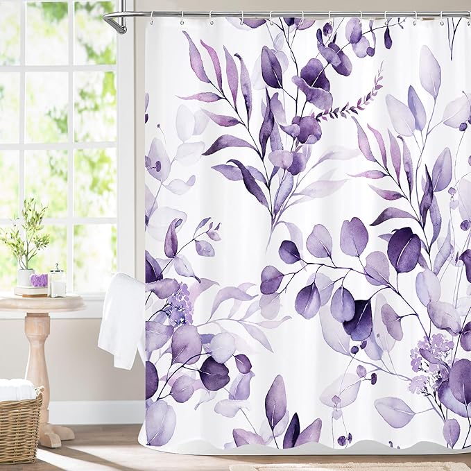MitoVilla Purple Spring Floral Shower Curtain, Modern Plants Botanical Fabric Cloth Shower Curtains for Chic Elegant Bathroom Decor, Summer Watercolor Eucalyptus Leaf, 72x72