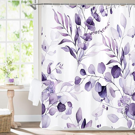 MitoVilla Purple Spring Floral Shower Curtain, Modern Plants Botanical Fabric Cloth Shower Curtains for Chic Elegant Bathroom Decor, Summer Watercolor Eucalyptus Leaf, 72x72