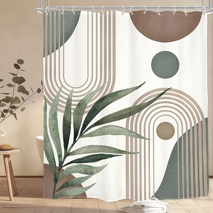 Glawry Boho Shower Curtain Extra Long Mid Century Abstract Plant Palm Leaves Modern Arch Bathroom Minimalist Geometric Aesthetic 72Wx84L Inches Bath Accessories Art Home Decor Fabric 12 Pack Hooks