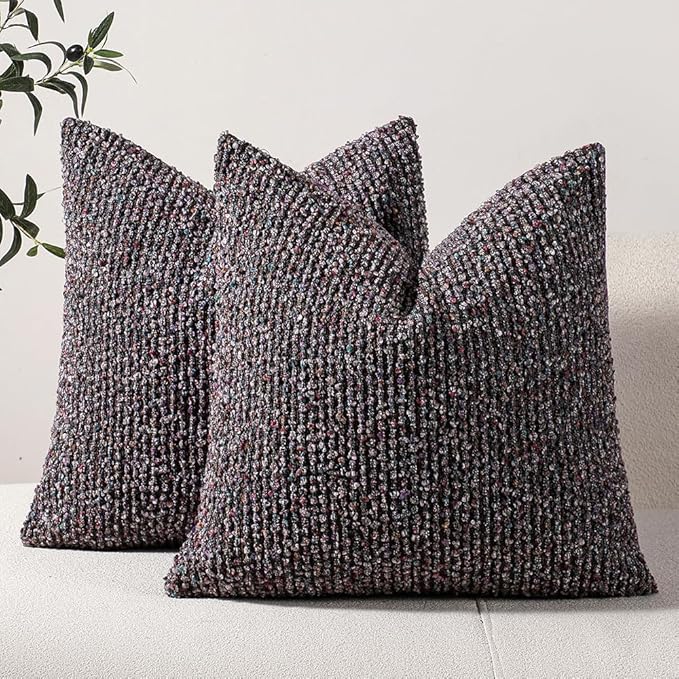 DEZENE Striped Throw Pillow Covers 18x18 Set of 2 Colorful Purple Textured Boucle Chic Morden Boho Accent Farmhouse Square Decorative Couch Pillow Covers for Home Decor Bed Sofa Living Room