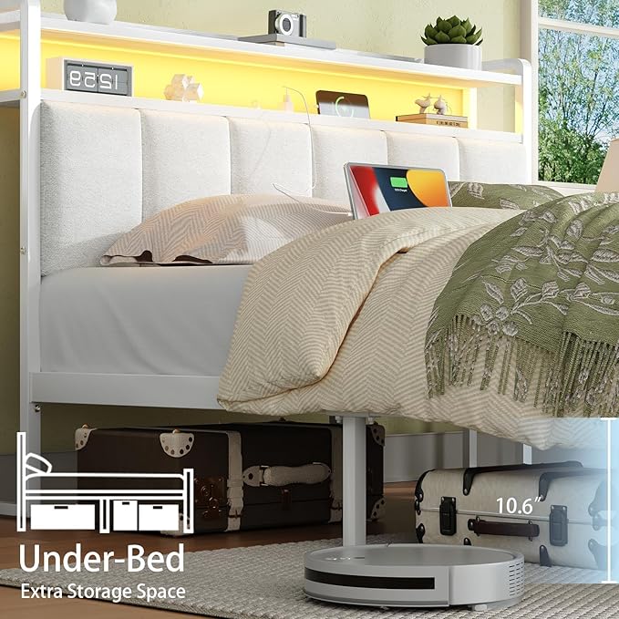 Twin Bed Frames with Charging Station and LED Lights, Metal Platform Bed Frame Twin with Upholstered Storage Headboard, Heavy Duty Metal Slats Support, No Box Spring Needed, Easy Assembly, White