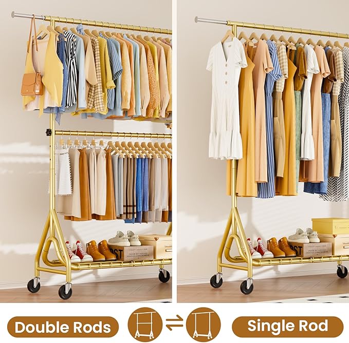 Heavy Duty Clothes Rack for Hanging Clothes, Double Rods Clothing Rack with Lockable Wheels, Rolling Metal Garment Racks Heavy Duty, Portable Wardrobe Closet Racks, Gold