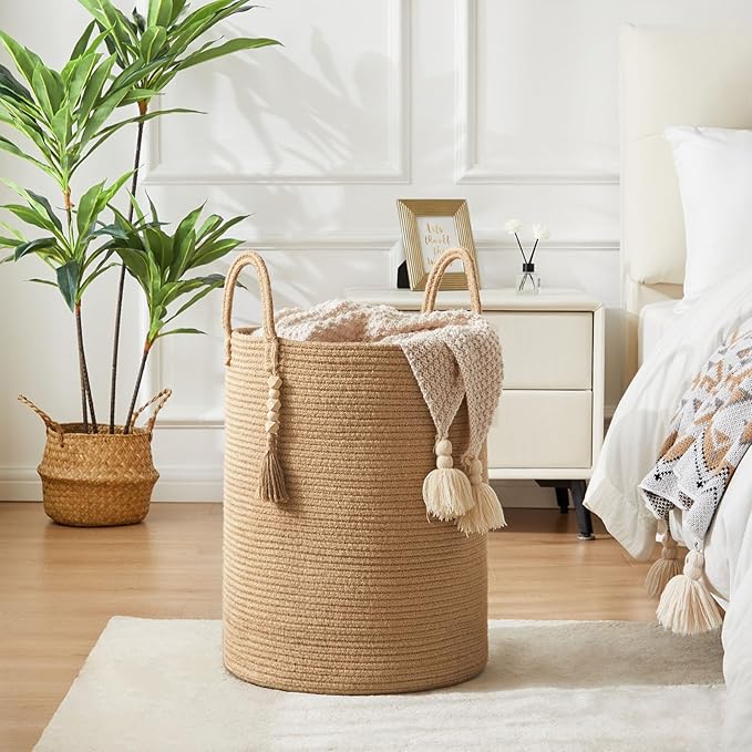 Jute Woven Rope Laundry Hamper, Tall Laundry Basket for Blanket Storage, Large Dirty Clothes Hamper for Toys, Decorative Baby Nursery Hamper for Bedroom, Living Room - Jute Brown, 72L