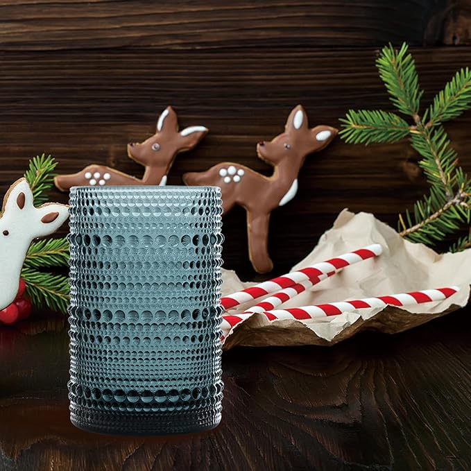 Hobnail Drinking Glasses Set of 6, Vintage Colored Glassware 14.5oz, Tall Beverage Glass Cups for Water, Juice, Cocktail (Blue)