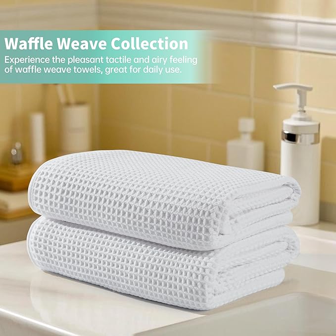 Microfiber Waffle Bath Towels, 4 Pieces, Soft, Absorbent, Fast Drying, Lint Free (White)