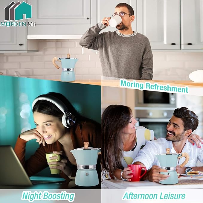 MORDEN MS Moka Pot, Stovetop Espresso Maker 6 Cup/10 OZ Italian Coffee Maker Camping Coffee Pot Manual Cuban Coffee Percolator for Cappuccino or Latte - Blue