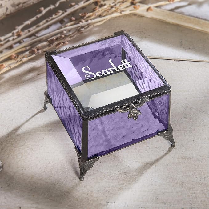 Personalized Engraved Jewelry Box Decorative Vanity Display Stained Glass Keepsake -J Devlin Box EB217-1 (Purple)