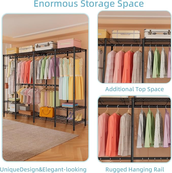 Heavy Duty Garment Rack Clothes Rack,Large Metal Closet Organizer System Storage Wardrobe,Freestanding Clothing Rack with Adjustable Wire Shelves& Hang Rods,MaxLoad 1000lbs