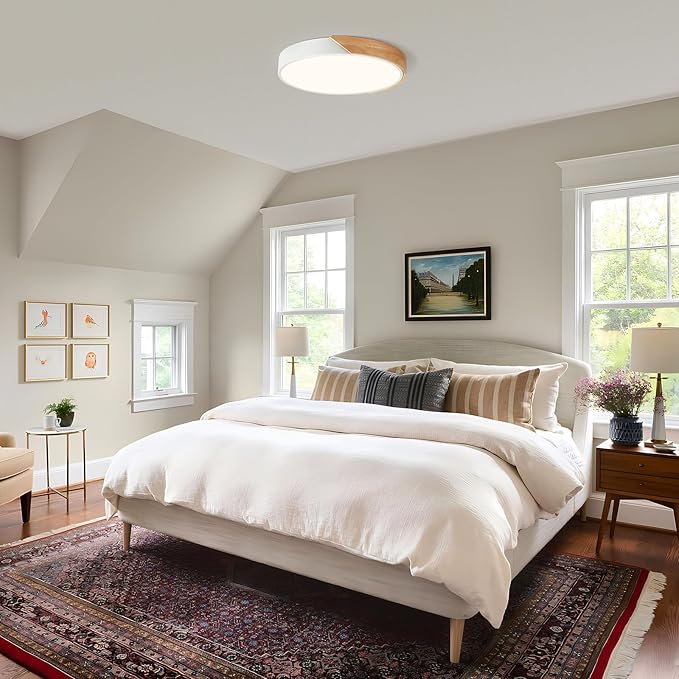 Modern Dimmable White LED Ceiling Light, 2700 K - 6000 K 5CCT Wood Flush Mount Ceiling Lighting Fixtures, Minimalist Round Ceiling Lamp for Living Room Bedroom Kitchen Hallway（15.8in）